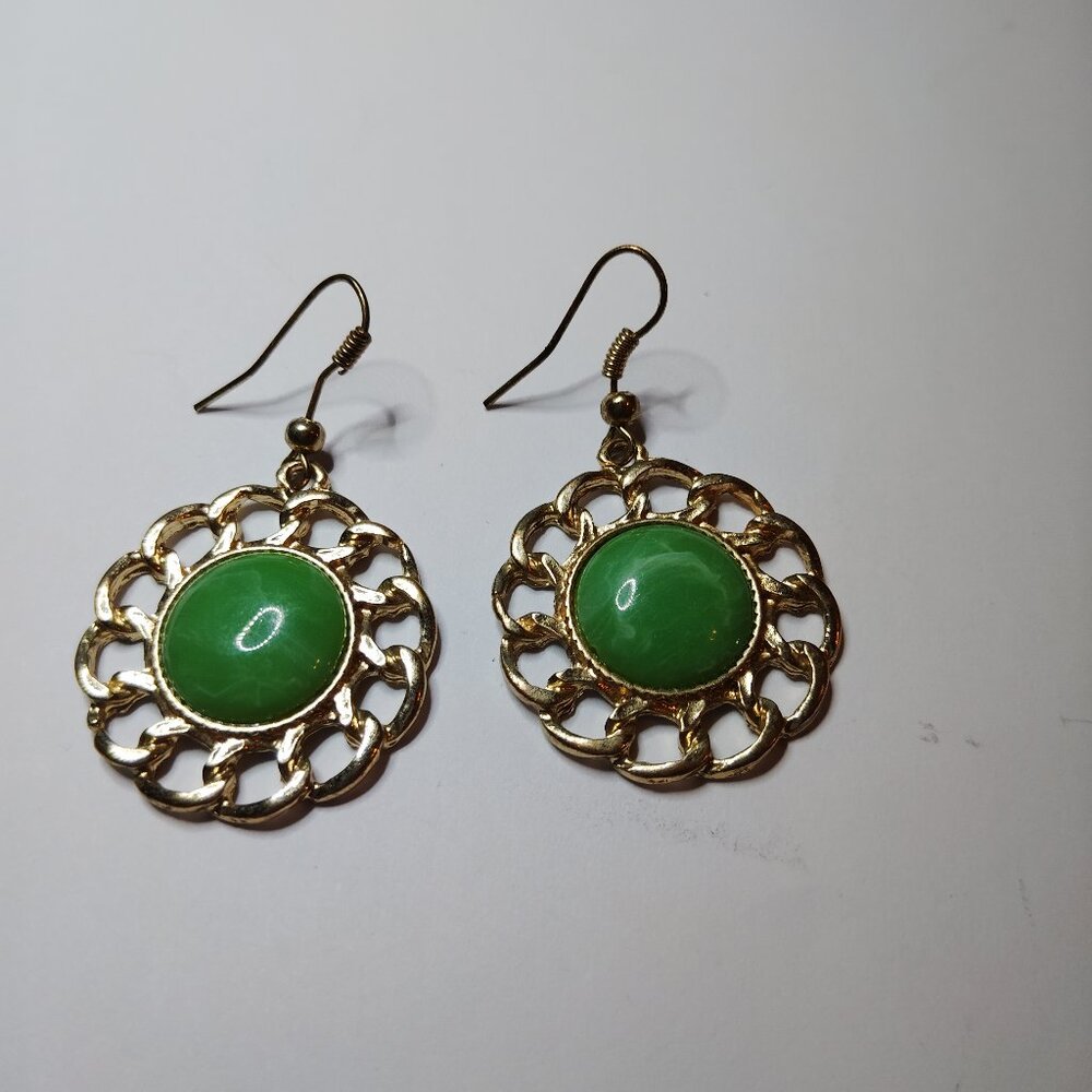 Genuine Green Aventurine Dangle Earrings Prosperity Stone in Gold Tone Frame